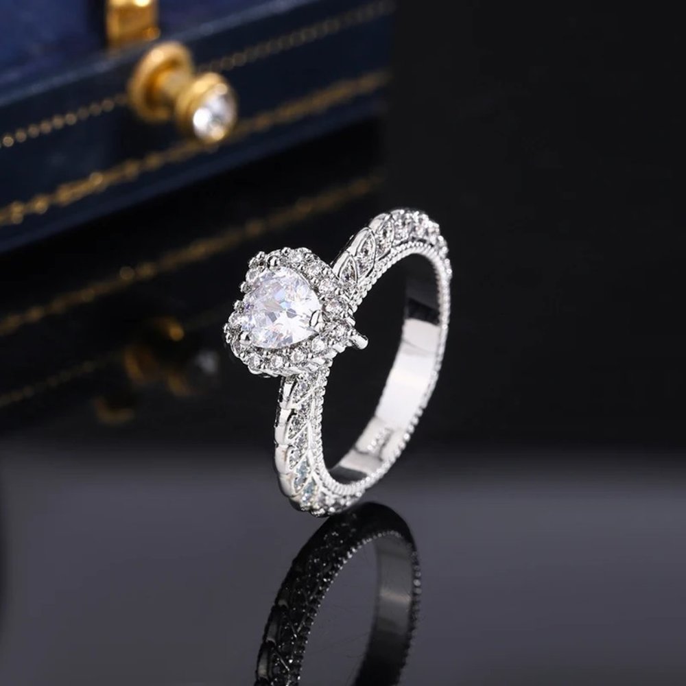 Heart Shaped Bridal Ring .925 Solid Sterling Silver, 18K White Gold Finish - Picture 2 of 6